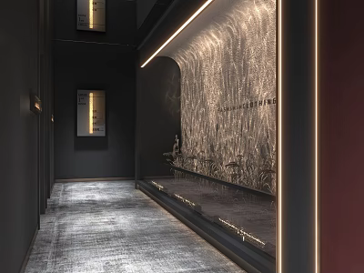 Modern Elevator Lobby Design With Textured Wall LED Light Strips And Gray Flooring 3d model