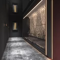 Modern Elevator Lobby Design With Textured Wall LED Light Strips And Gray Flooring 3d model