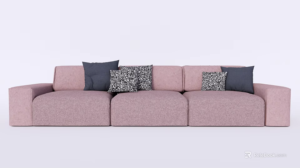 Modern Pink Upholstered Three Seater Sofa With Dark Gray And Black White Patterned Cushions 3d model