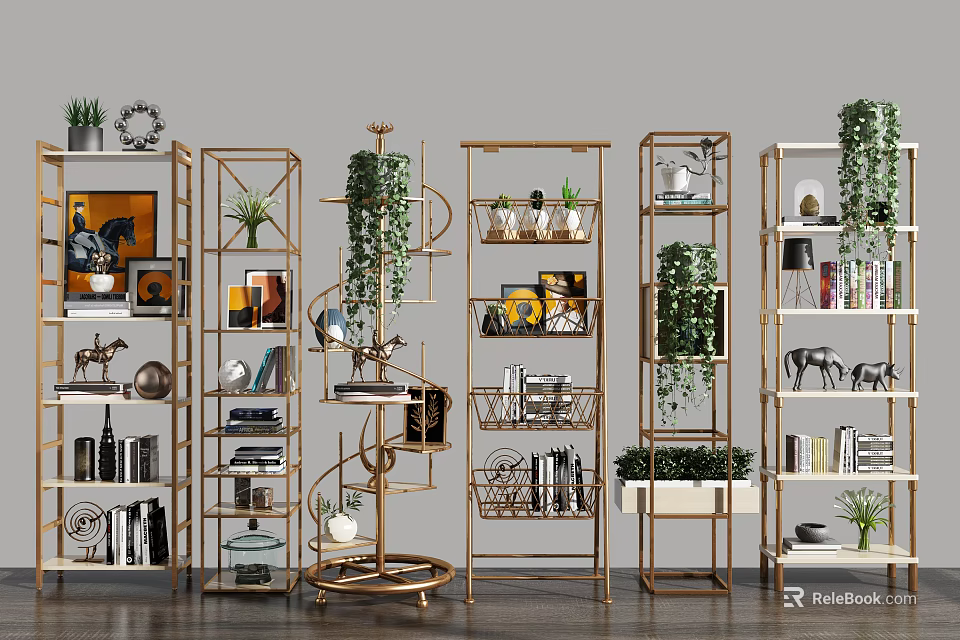 Modern Metal Frame Bookcases With Open Shelves Green Plants And Decorative Books 3d model 