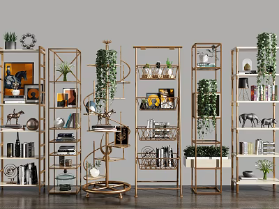 Modern Metal Frame Bookcases With Open Shelves Green Plants And Decorative Books 3d model