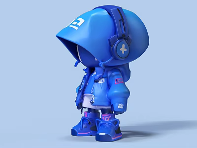 Cartoon Style Blue Doll With Hoodie Headphones Cross Symbol And Number 22 3d model