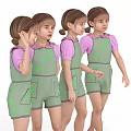 Girls In Green Overalls Pink Tops And Red Shoes Various Poses
