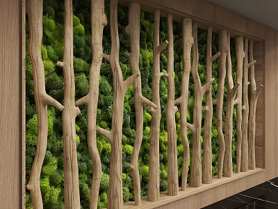 Natural Modern Background Wall Design With Wooden Branches And Green Moss 3d model