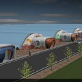 Industrial Factory Complex With Arched Structures And Colorful Patterns Arranged Along Road With Trees And Greenery