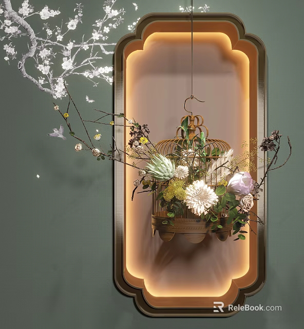 Elegant Birdcage Decorative Ornament Set With Flowers Branches Green Wall And Lighting 3d model 