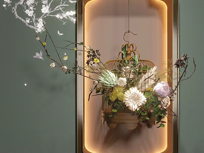 Elegant Birdcage Decorative Ornament Set With Flowers Branches Green Wall And Lighting 3d model