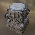 Intricate Stone Sculpture Featuring Elephant Carvings On Drum Shaped Base With Decorative Patterns