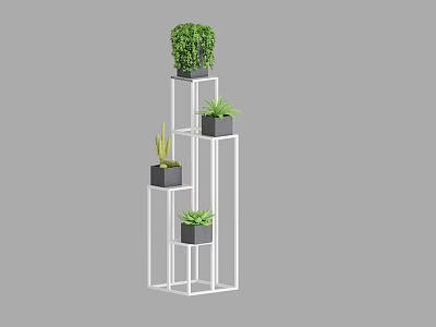 White Multi Tiered Plant Stand With Multiple Potted Green Plants And Various Plant Types 3d model
