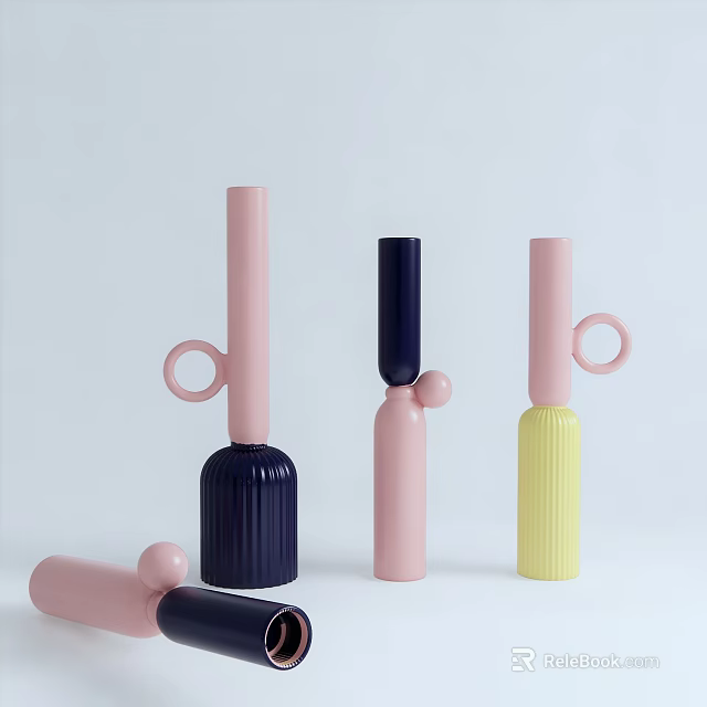Decorative Ceramic Ornament Set With Navy Blue Pink Yellow Pieces And Loop Handles 3d model 