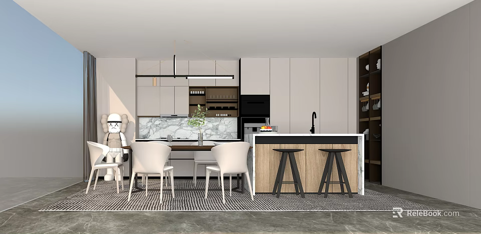 Modern Open Restaurant Interior With Dining Table White Chairs And Marble Counter 3d model