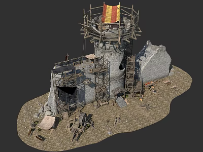 Ancient Stone Tower Under Restoration With Scaffolding Red Yellow Flag And Surrounding Stones 3d model