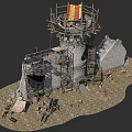 Ancient Stone Tower Under Restoration With Scaffolding Red Yellow Flag And Surrounding Stones