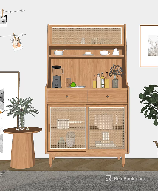 Modern Wooden Sideboard with Drawers Glass Doors and Tea Sets Near Green Plants 3d model 