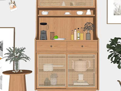 Modern Wooden Sideboard with Drawers Glass Doors and Tea Sets Near Green Plants 3d model