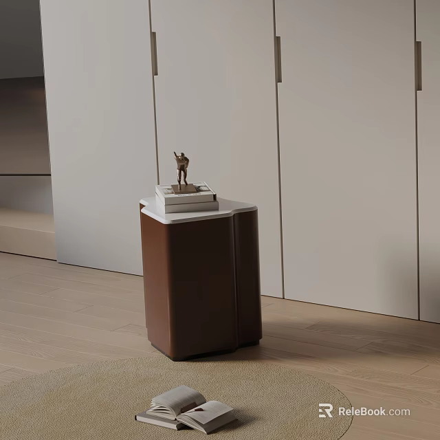 Modern Brown Side Table With Decorative Figurine And Stack Of Books In Modern Living Room 3d model 