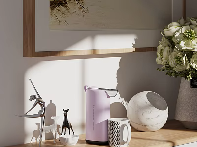 Modern Entryway Side Cabinet With Wooden Top Marble Vase And Flower Bouquet 3d model