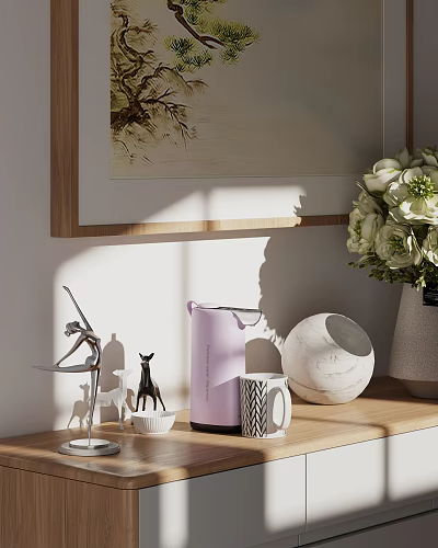 Modern Entryway Side Cabinet With Wooden Top Marble Vase And Flower Bouquet 3d model