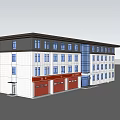 Modern Office Building With White Exterior Blue Windows And Red Garage Doors