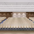 Modern Large Conference Room With Tiered Seating Wooden Walls Podium And Carpeted Floor