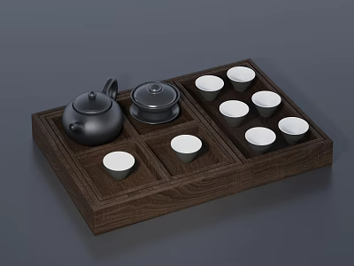 Dark Wooden Tray Tea Set Featuring Black Teapot Lid Bowl Eight White Teacups Divided Compartments 3d model