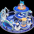 Futuristic Tech Exhibition Booth With Blue White Design Circular Structure Domed Top And People Around
