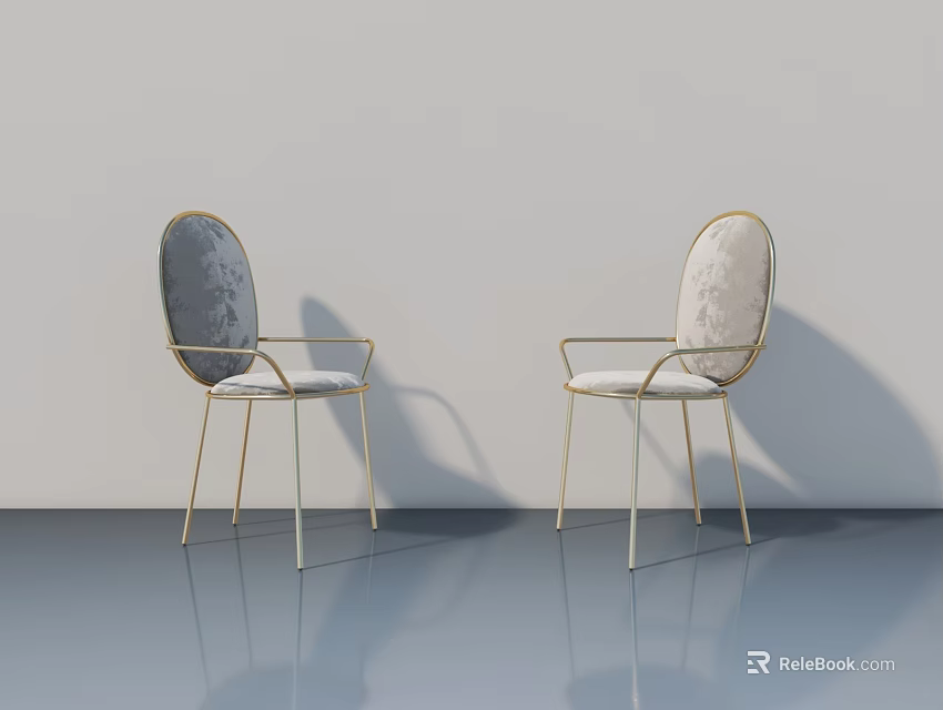 Elegant Chairs With Gold Frames And Patterned Backrests In Modern Interior Space 3d model 