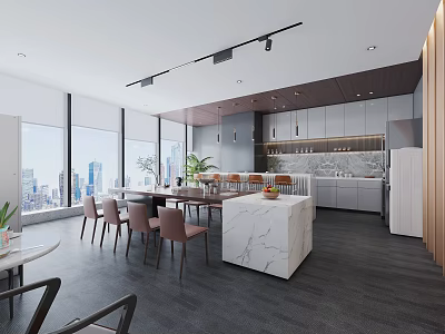 Modern Tea Room With Large Windows City View Dining Table And Marble Island 3d model