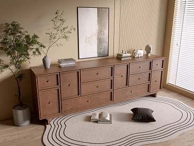 Light brown wooden entryway console cabinet with drawers wall art and plant decor 3d model
