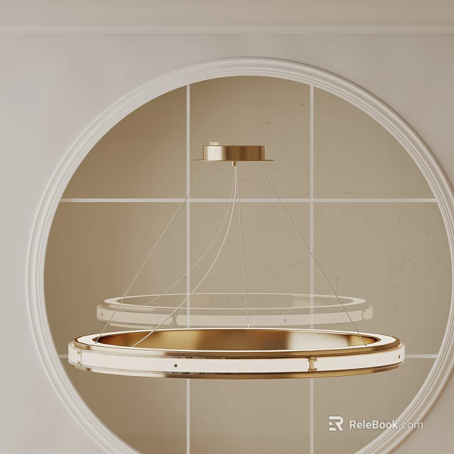 Gold Circular Chandelier Hanging With Grid Pattern On Beige Wall 3d model 