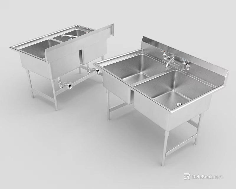 Stainless Steel Double Bowl Kitchen Sinks With Stand And Faucet Setup 3d model 