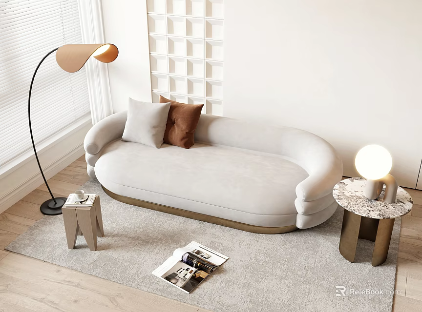 Cream Curved Sofa In Modern Living Room With Floor Lamp Side Tables And Rug 3d model 