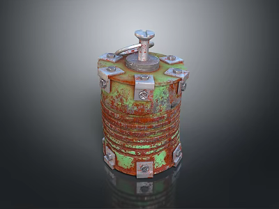 Rusted Cylindrical Weapon With Green Red Rust Metal Bolts And Top Valve 3d model