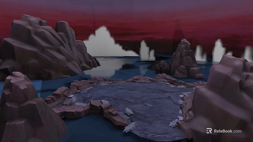 Mystical Fantasy Landscape With Rocky Mountains Round Lake And Red Purple Sky Clouds 3d model 