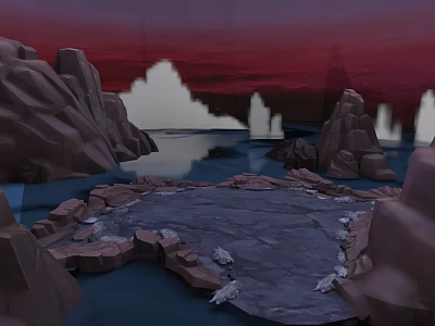 Mystical Fantasy Landscape With Rocky Mountains Round Lake And Red Purple Sky Clouds 3d model