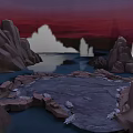 Mystical Fantasy Landscape With Rocky Mountains Round Lake And Red Purple Sky Clouds
