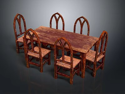 Rustic Wooden Dining Table With Six Arched Back Chairs And Textured Wooden Top 3d model
