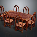 Rustic Wooden Dining Table With Six Arched Back Chairs And Textured Wooden Top