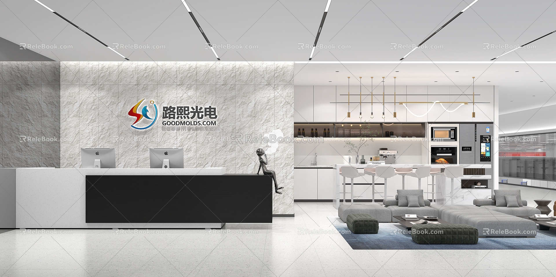 Modern Front Office Front Desk Culture Stone Tea Cabinet Sofa Combination Water Bar Counter Bar Chair Metal Ornaments Chandelier Carpet 3d model