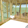 Charming Bamboo Homestay Building With Thatched Roof And Wooden Terrace Amid Green Trees