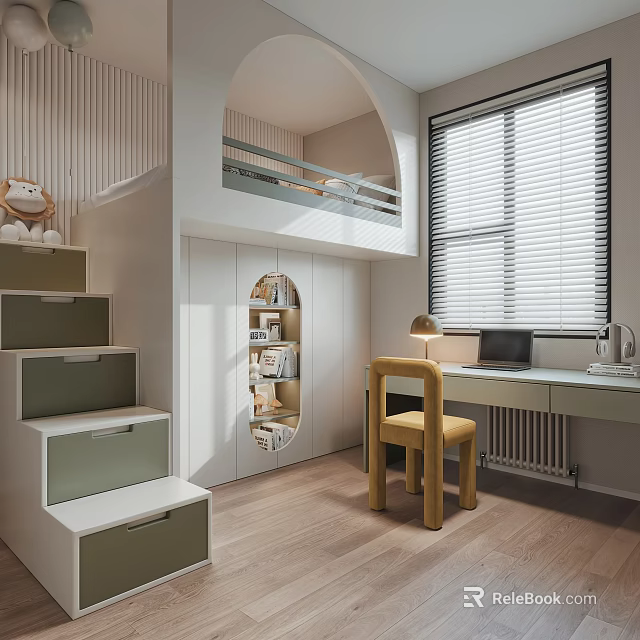 Light Colored Kids Room with Loft Bed Storage Stairs Bookshelf Round Mirror Desk Yellow Chair 3d model 