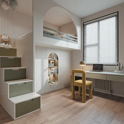Light Colored Kids Room with Loft Bed Storage Stairs Bookshelf Round Mirror Desk Yellow Chair 3d model