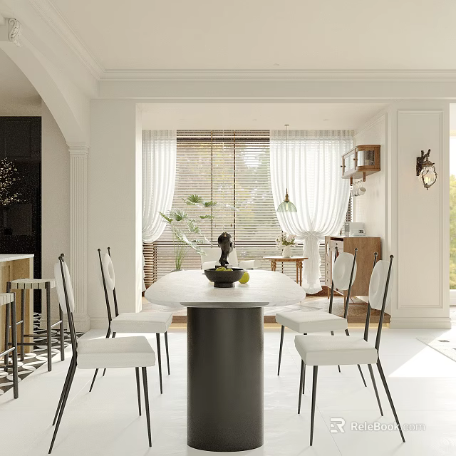Modern White Restaurant Interior With Round Dining Table White Chairs And Green Plant Decoration 3d model 