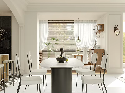 Modern White Restaurant Interior With Round Dining Table White Chairs And Green Plant Decoration 3d model