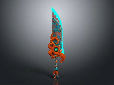 Ornate Fantasy Weapon With Orange Teal Intricate Patterns And Green Circular Accent 3d model