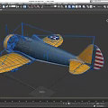 Blue and Yellow Vintage Biplane Fighter Aircraft with U.S. Star Insignia and American Flag Tail