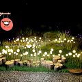 Small Round Decorative Outdoor Lights Illuminating Lawn With Tree Stumps At Night