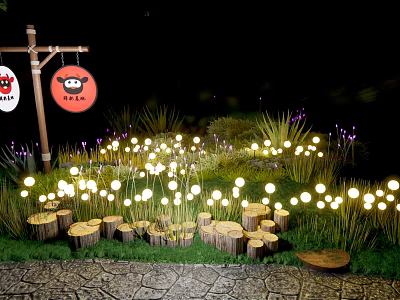 Small Round Decorative Outdoor Lights Illuminating Lawn With Tree Stumps At Night 3d model
