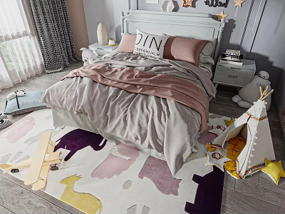 Kids Bed with White Headboard Pink Gray Bedding Animal Pattern Rug and Play Tent 3d model