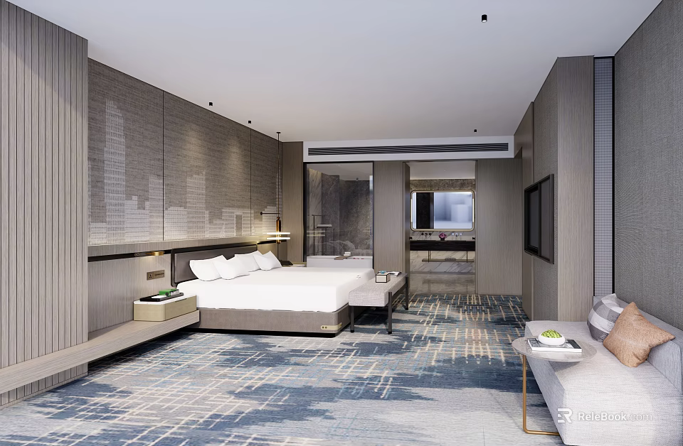 Modern Hotel Room Interior With Comfortable Bed Modern Wall Design Geometric Carpet And Cozy Sofa 3d model 